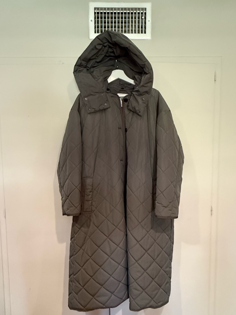 Zara Quilted Hooded Long Coat - Olive Green